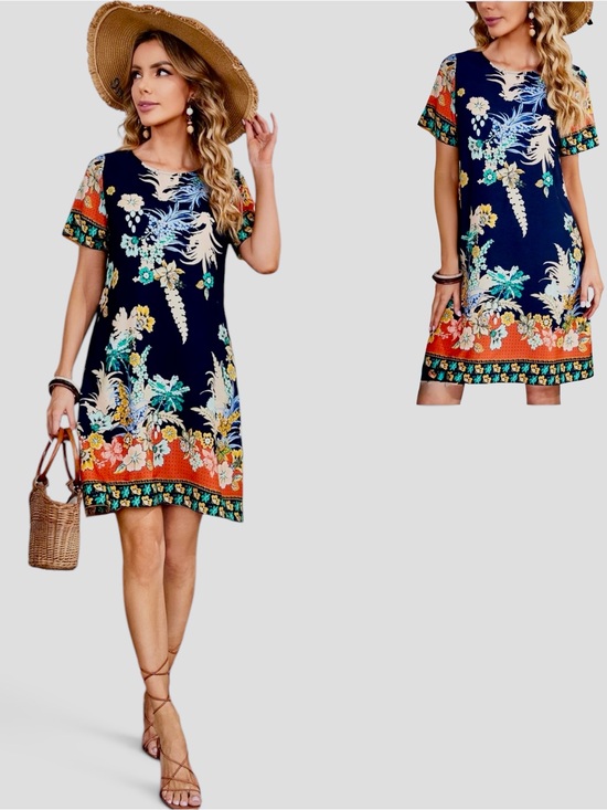 Emery Rose Dresses & Skirts - Emery Rose Navy & Floral Short Sleeve Dress